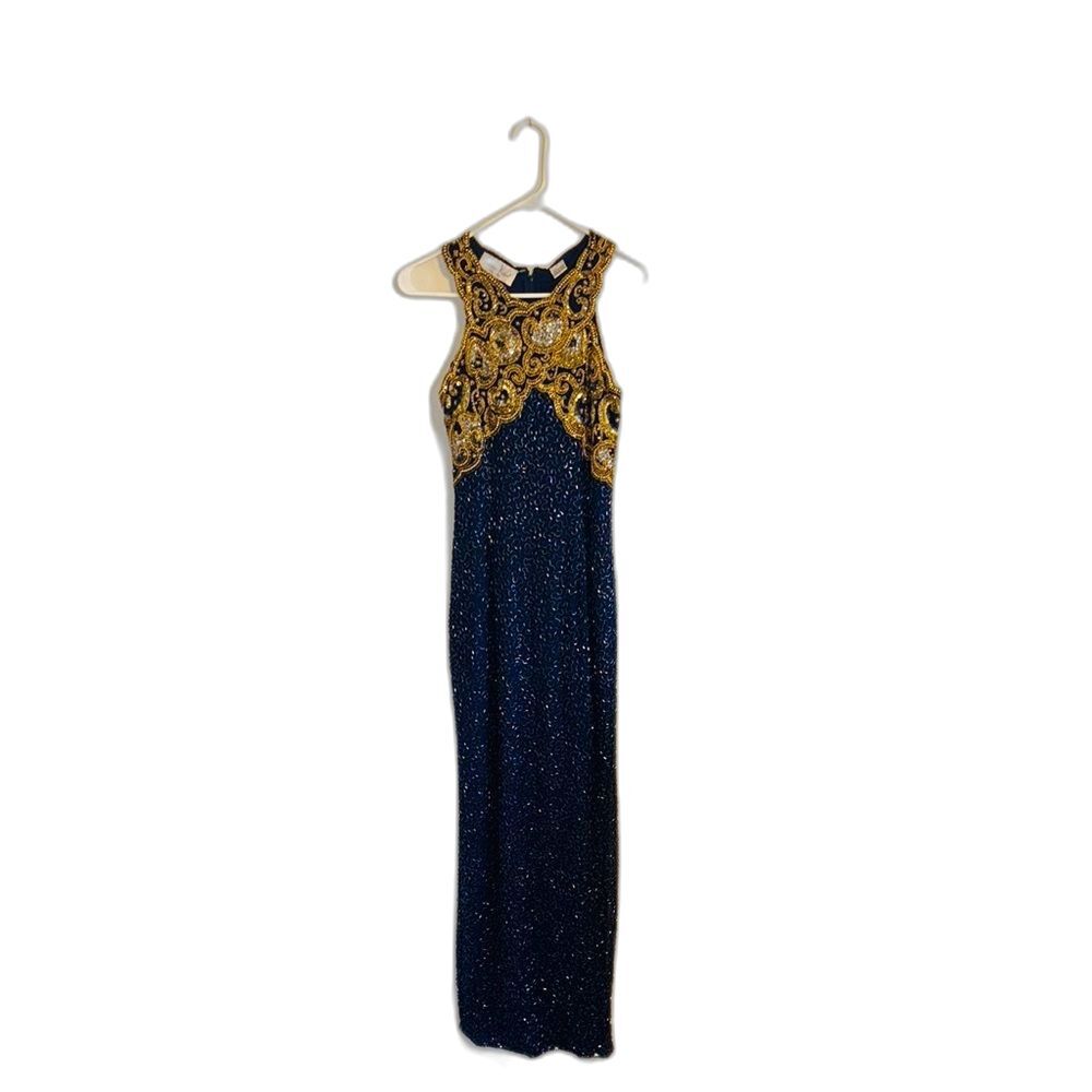 Vtg Laurence Kazar Halter Beaded embellished silk formal gown dress blue gold L